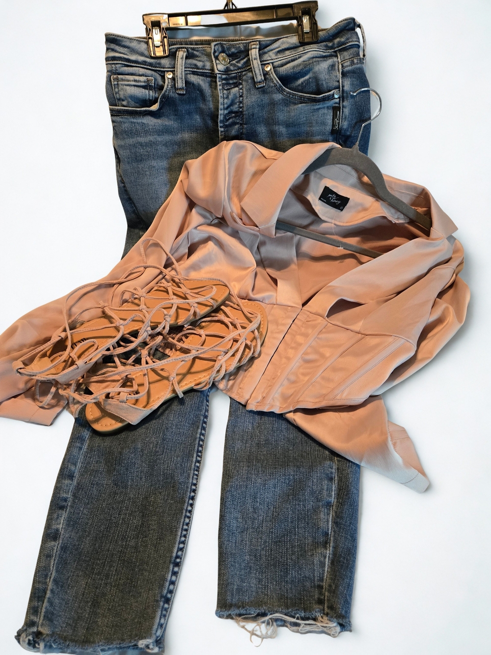 Silver Jeans Sz 27/26, Milk & Honey Corset Top XL, Blush Lace Up Sandals Sz 10